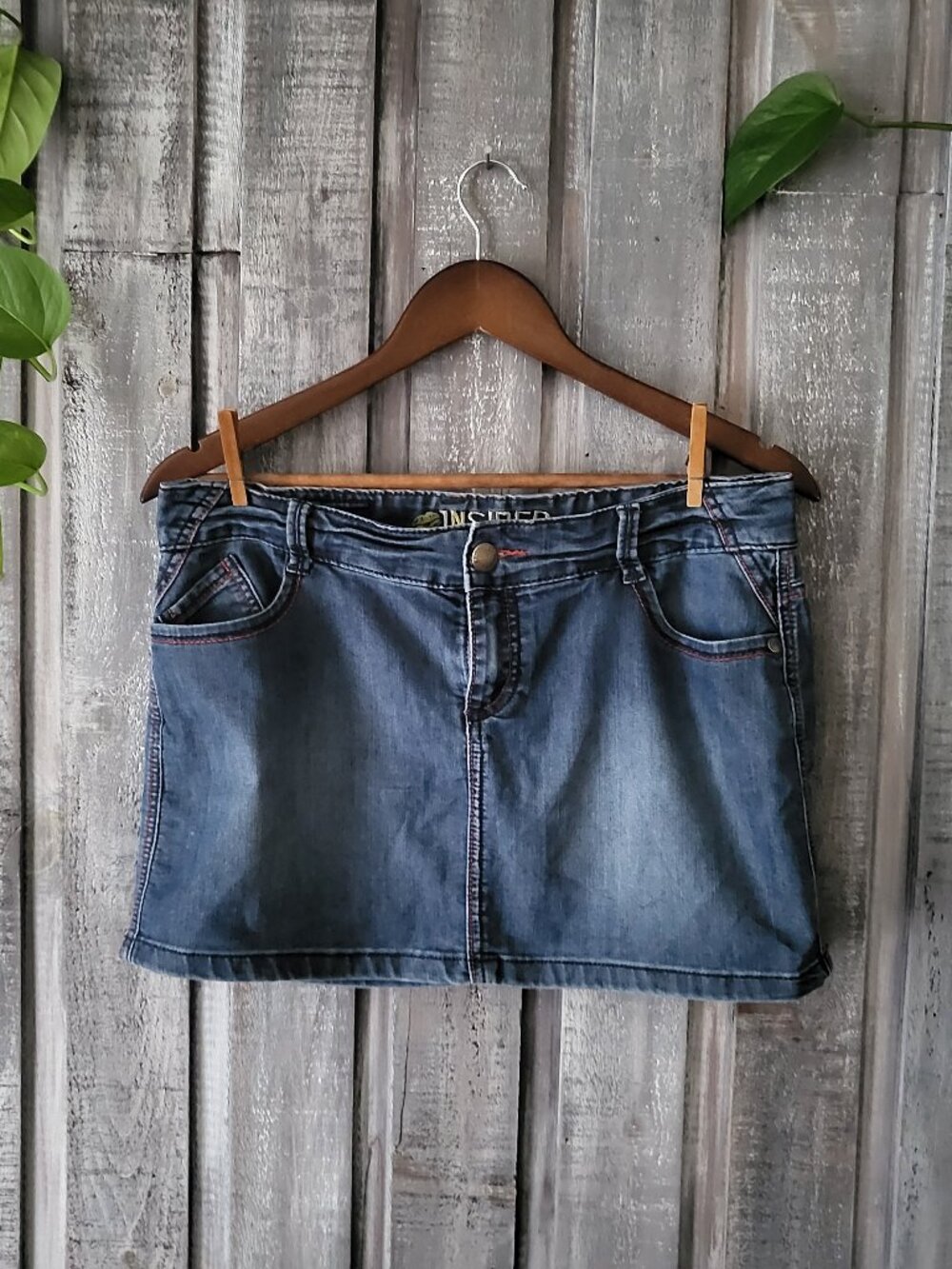 Y2K Low Rise Mini Skirt Jeans Size 8 Orange Stitch Flap Pocket Premium Denim